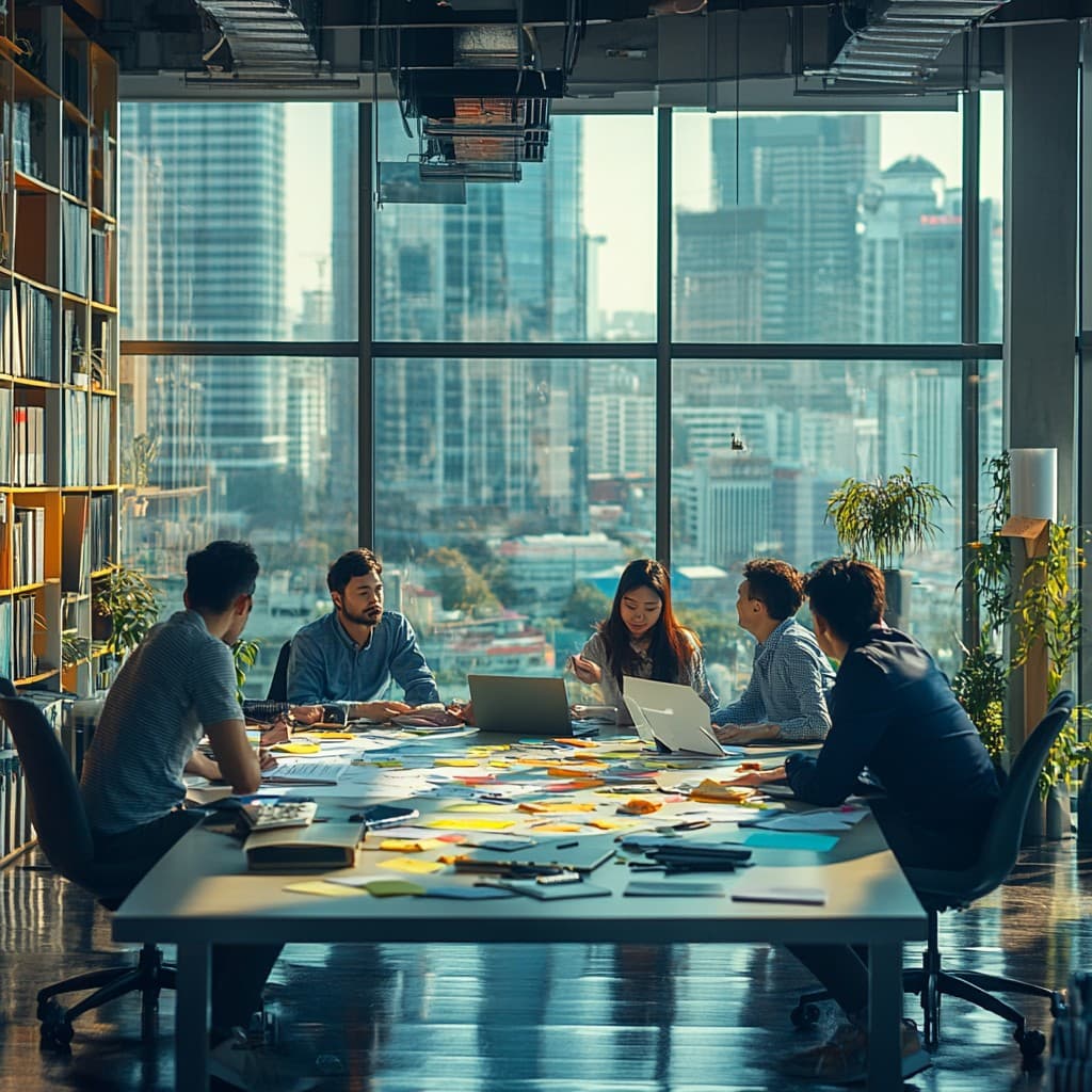 Corporate meeting discussion on a skyscraper