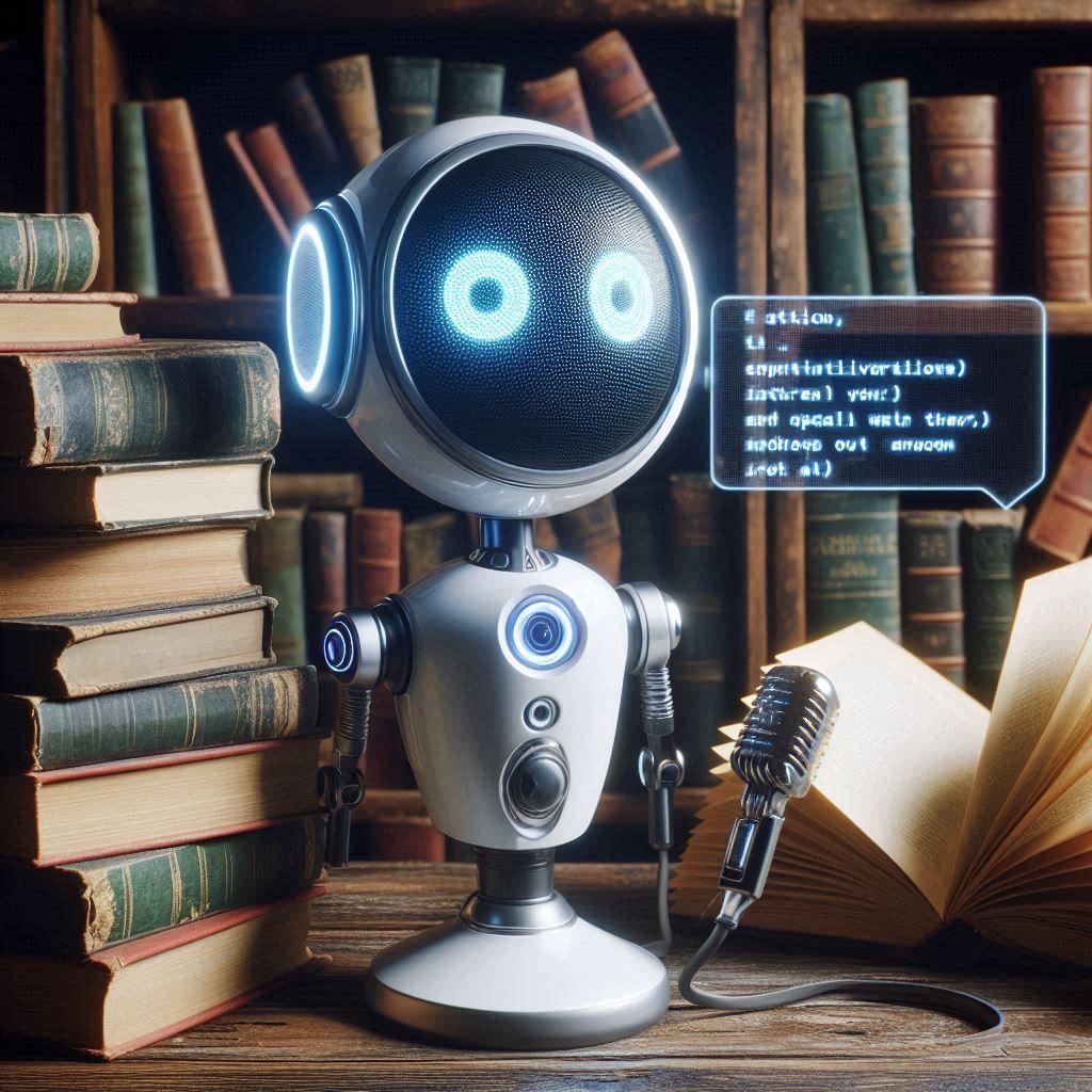 image of a robot with a microphone depicting audio-to-text transcription technology