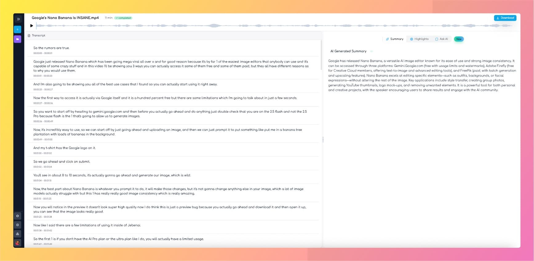 Transgate app interface showing transcription features