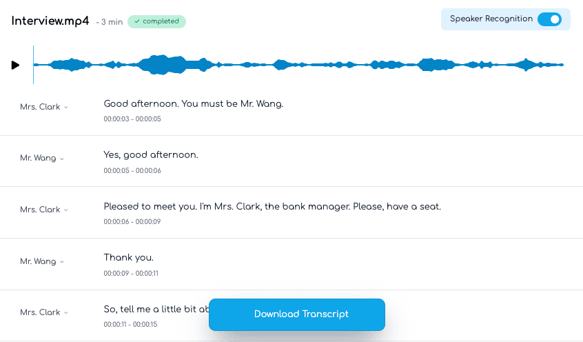 Transgate app interface showing transcription features