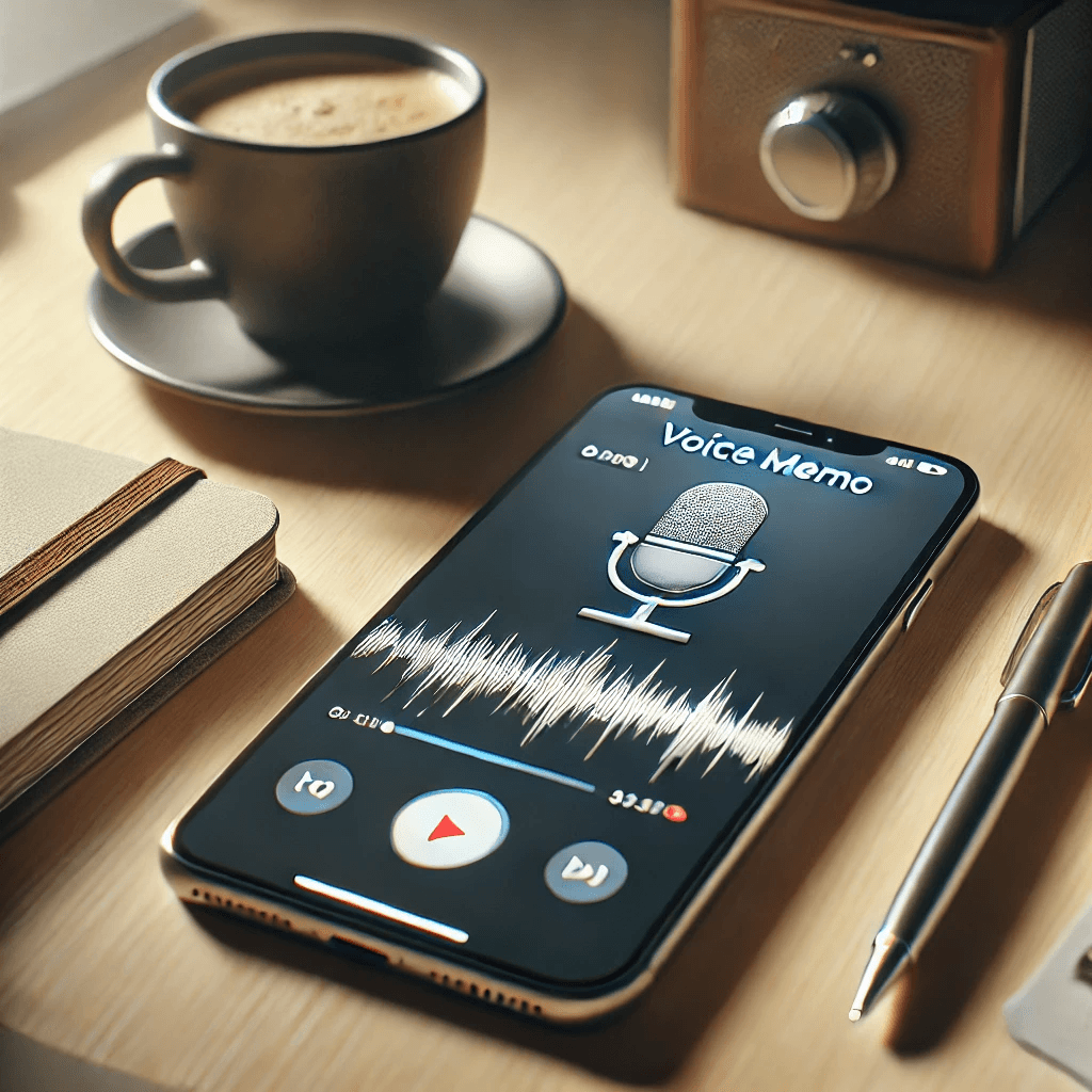 iPhone on a table with voice memo app and notebook with pen