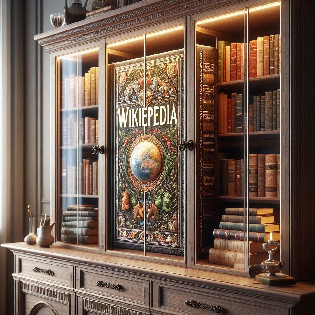 imagem da Wikipedia representada como uma vitrine com vários livros