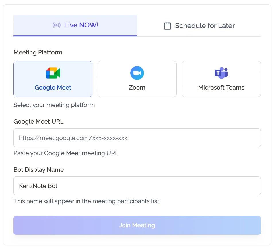 Send KenzNote bot to your meeting